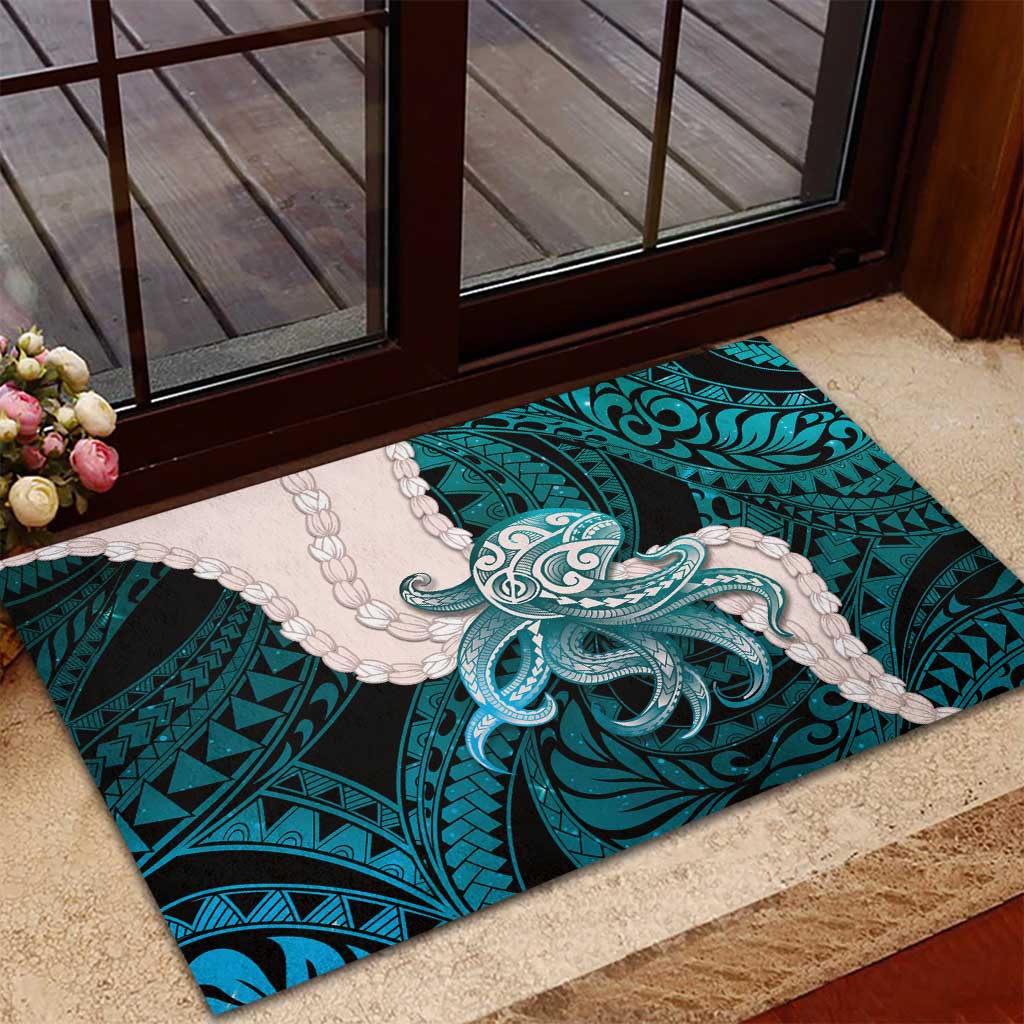 Teal Galaxy Polynesia Tribal Octopus Tattoo Rubber Doormat Pikake Lei Polynesian Pattern