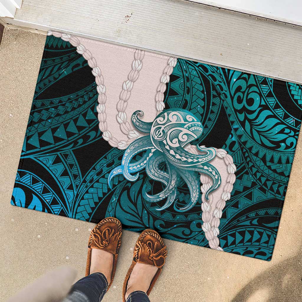 Teal Galaxy Polynesia Tribal Octopus Tattoo Rubber Doormat Pikake Lei Polynesian Pattern