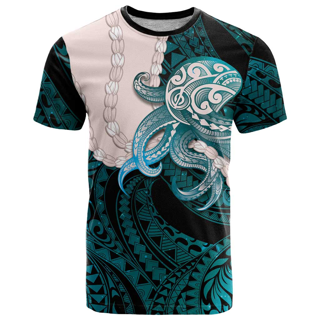 Teal Galaxy Polynesia Tribal Octopus Tattoo T Shirt Pikake Lei Polynesian Pattern