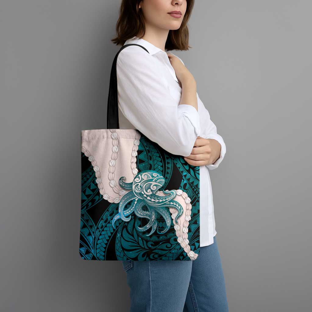 Teal Galaxy Polynesia Tribal Octopus Tattoo Tote Bag Pikake Lei Polynesian Pattern