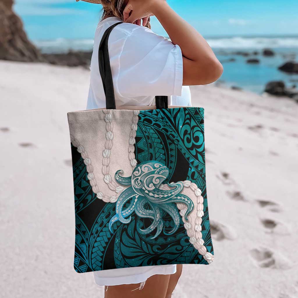 Teal Galaxy Polynesia Tribal Octopus Tattoo Tote Bag Pikake Lei Polynesian Pattern