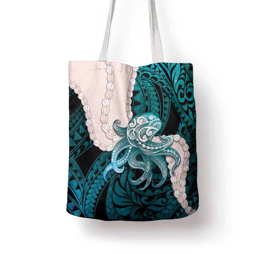 Teal Galaxy Polynesia Tribal Octopus Tattoo Tote Bag Pikake Lei Polynesian Pattern
