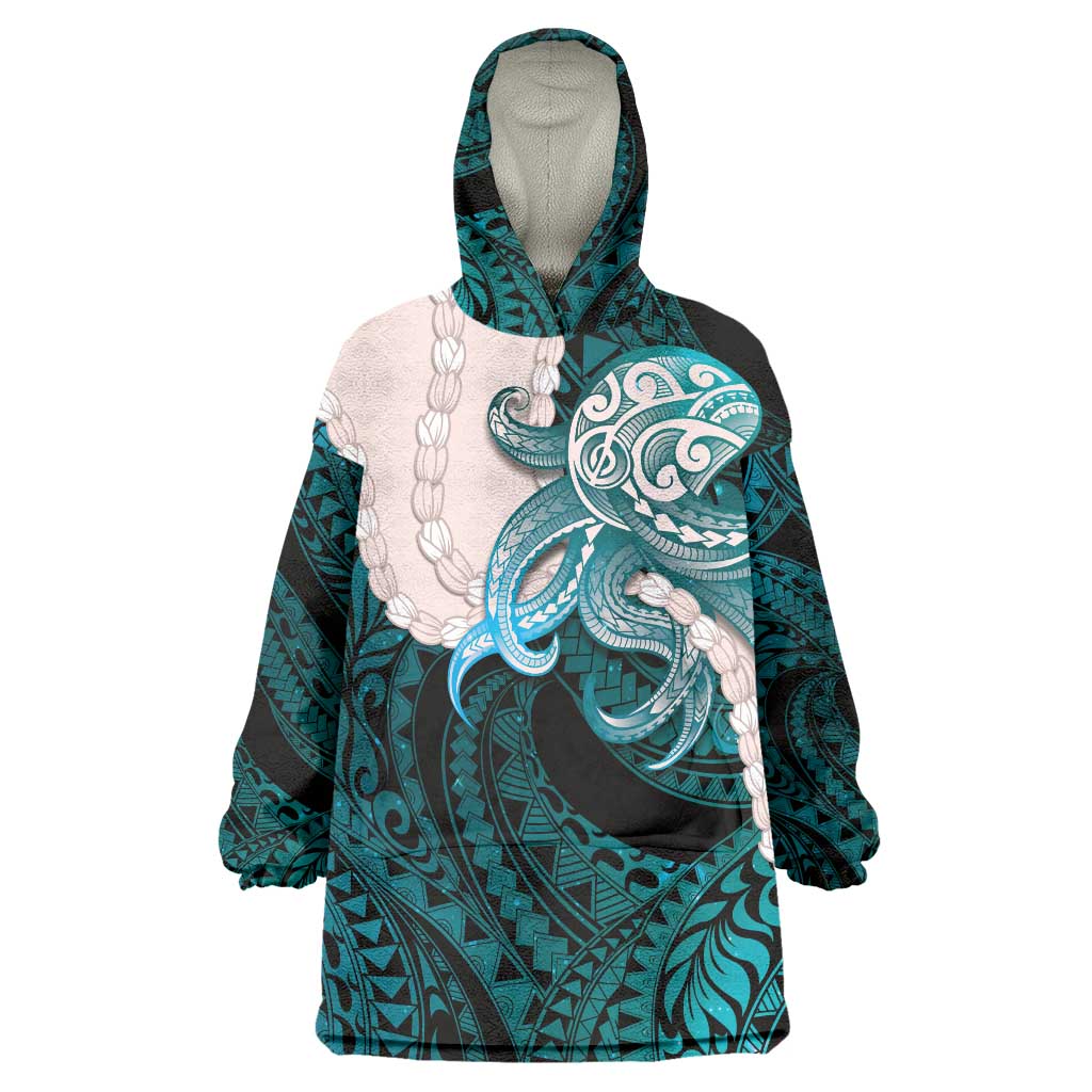 Teal Galaxy Polynesia Tribal Octopus Tattoo Wearable Blanket Hoodie Pikake Lei Polynesian Pattern