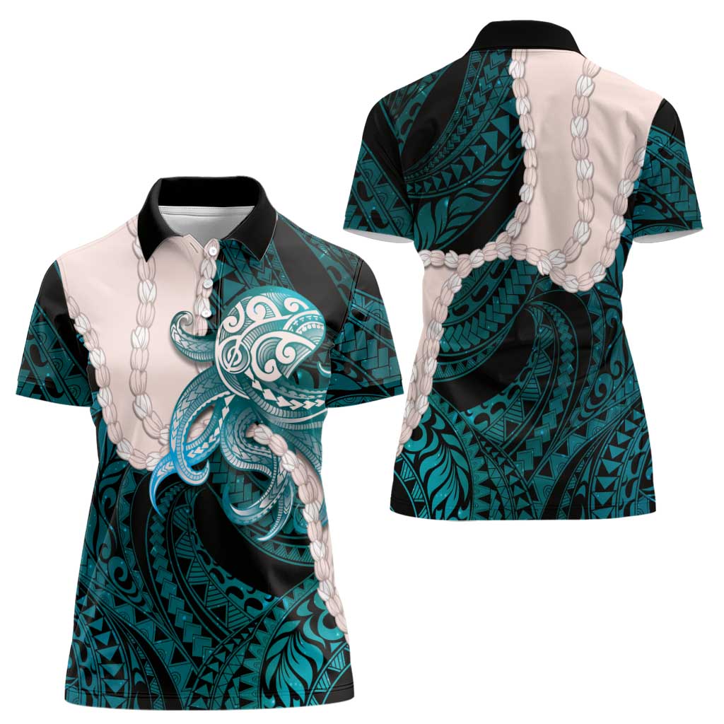 Teal Galaxy Polynesia Tribal Octopus Tattoo Women Polo Shirt Pikake Lei Polynesian Pattern LT14 - Polynesian Pride