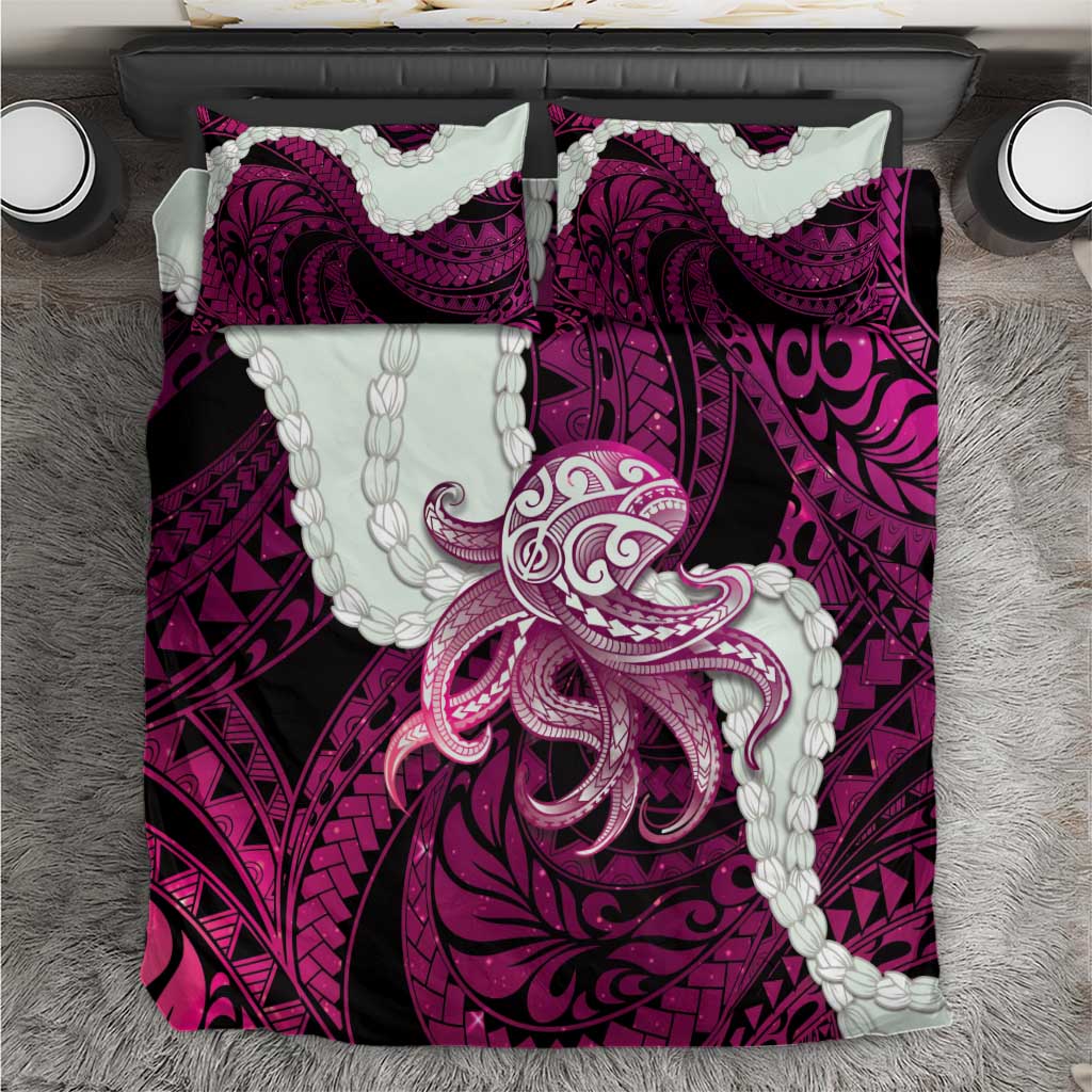 Pink Galaxy Polynesia Tribal Octopus Tattoo Bedding Set Pikake Lei Polynesian Pattern