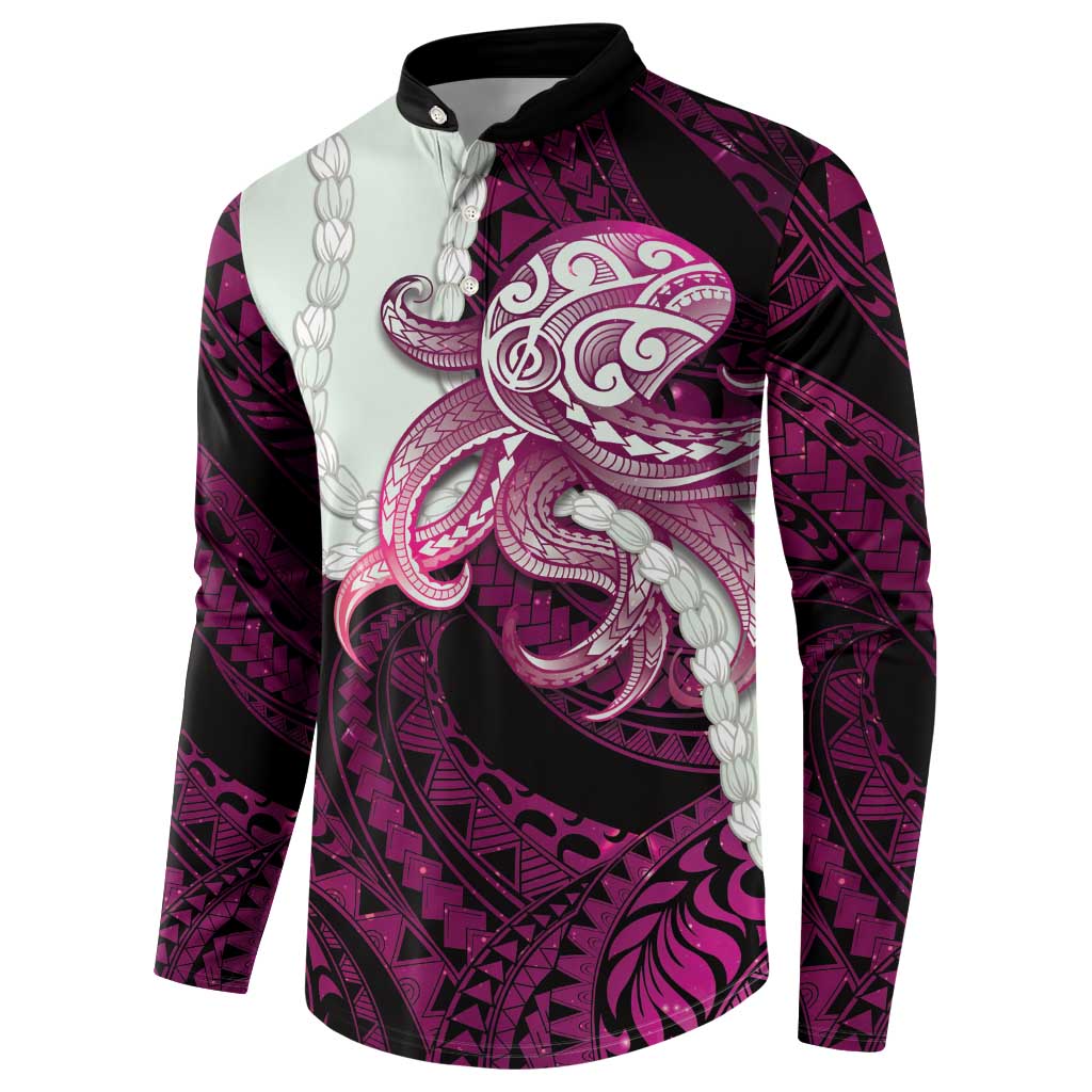 Pink Galaxy Polynesia Tribal Octopus Tattoo Button Sweatshirt Pikake Lei Polynesian Pattern