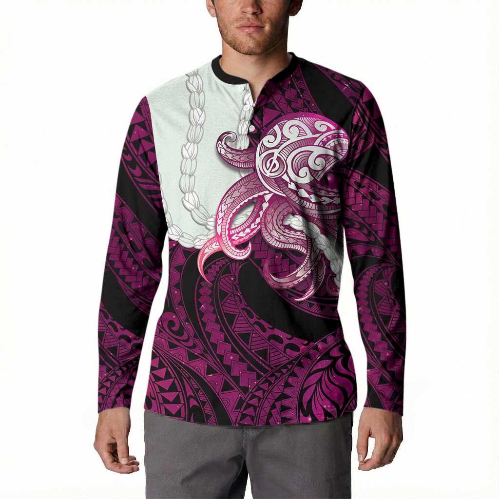 Pink Galaxy Polynesia Tribal Octopus Tattoo Button Sweatshirt Pikake Lei Polynesian Pattern