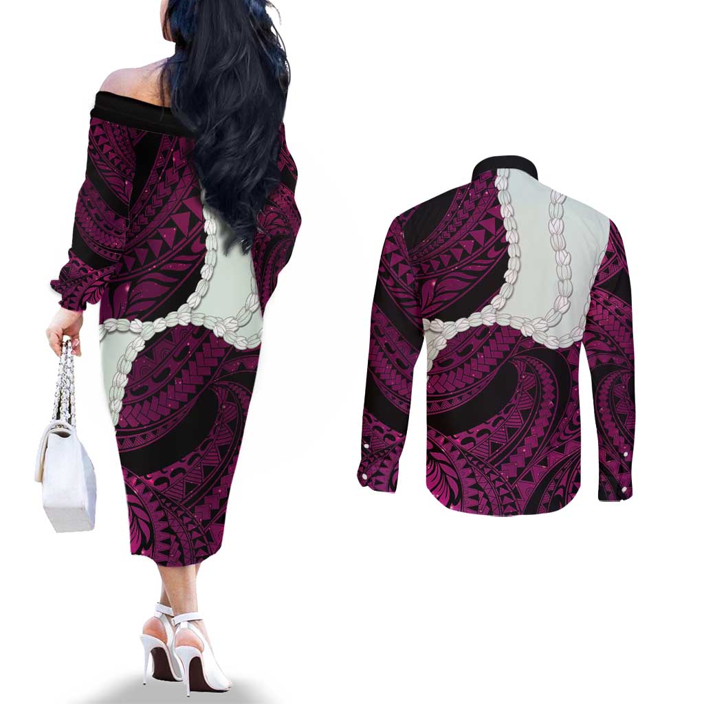 Pink Galaxy Polynesia Tribal Octopus Tattoo Couples Matching Off The Shoulder Long Sleeve Dress and Long Sleeve Button Shirt Pikake Lei Polynesian Pattern LT14 - Polynesian Pride