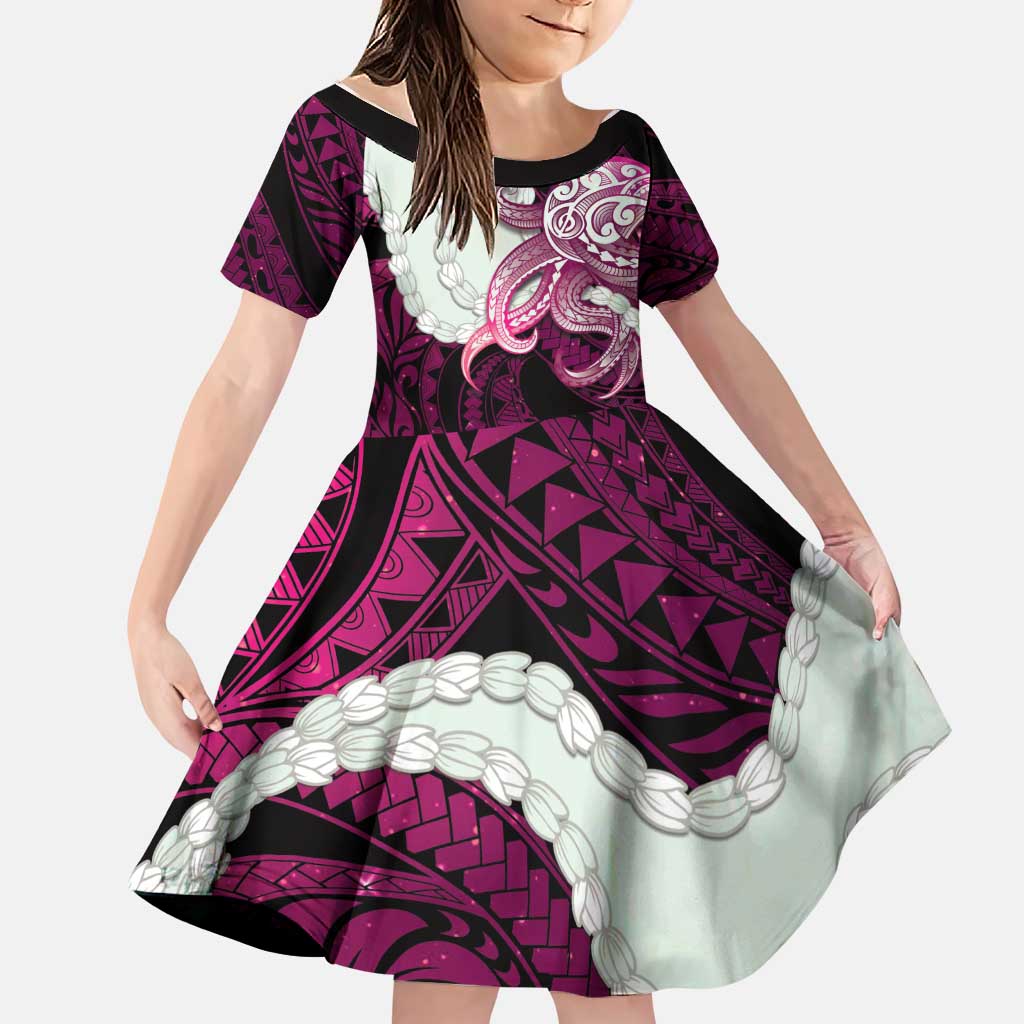 Pink Galaxy Polynesia Tribal Octopus Tattoo Family Matching Mermaid Dress and Hawaiian Shirt Pikake Lei Polynesian Pattern LT14 Daughter's Dress Pink - Polynesian Pride