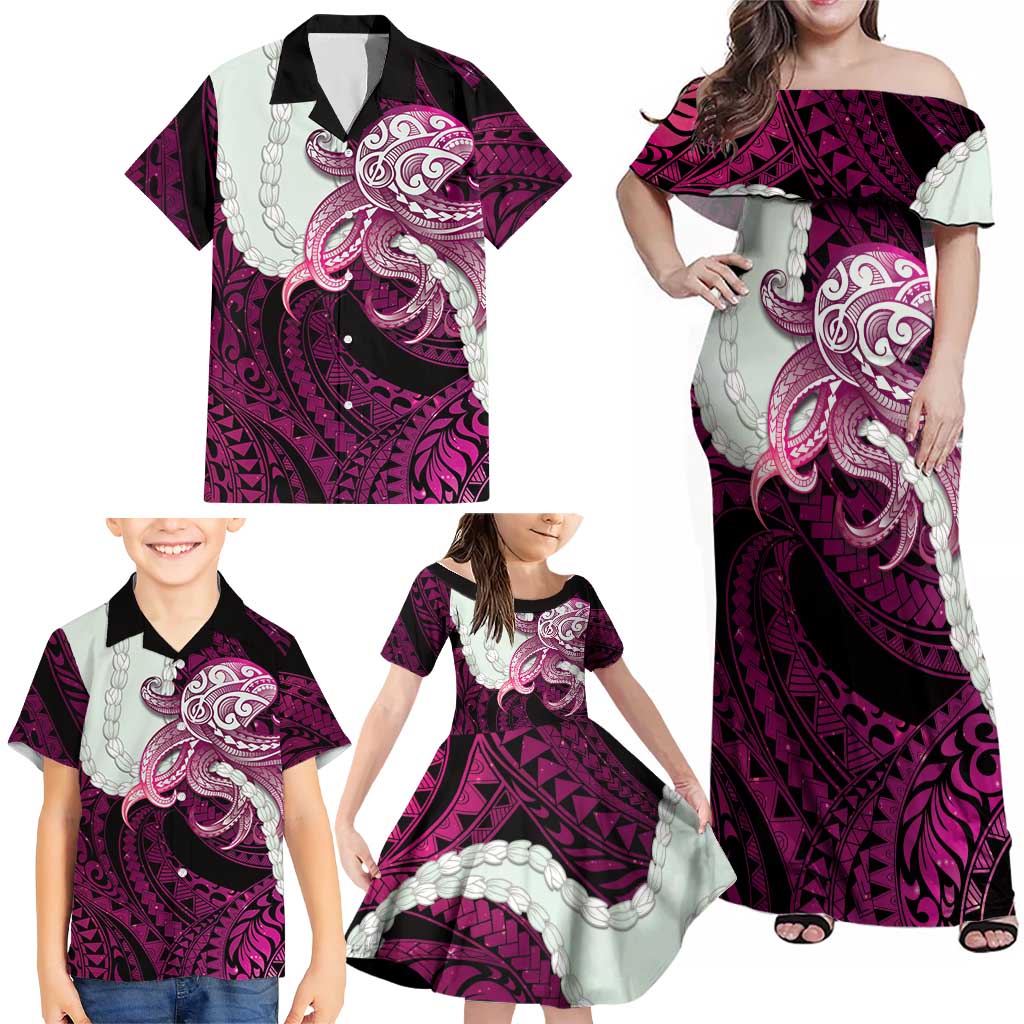 Pink Galaxy Polynesia Tribal Octopus Tattoo Family Matching Off Shoulder Maxi Dress and Hawaiian Shirt Pikake Lei Polynesian Pattern