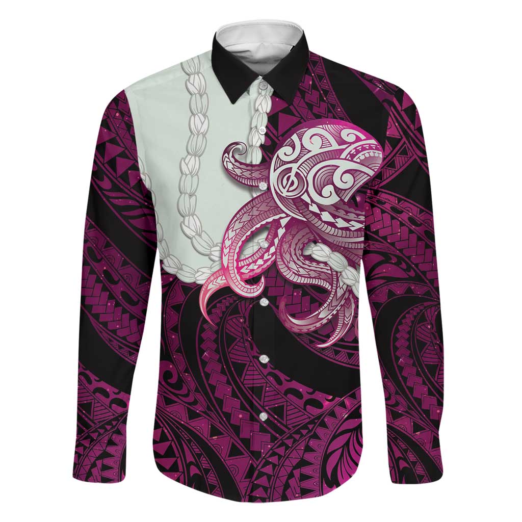 Pink Galaxy Polynesia Tribal Octopus Tattoo Family Matching Puletasi and Hawaiian Shirt Pikake Lei Polynesian Pattern LT14 Dad's Shirt - Long Sleeve Pink - Polynesian Pride