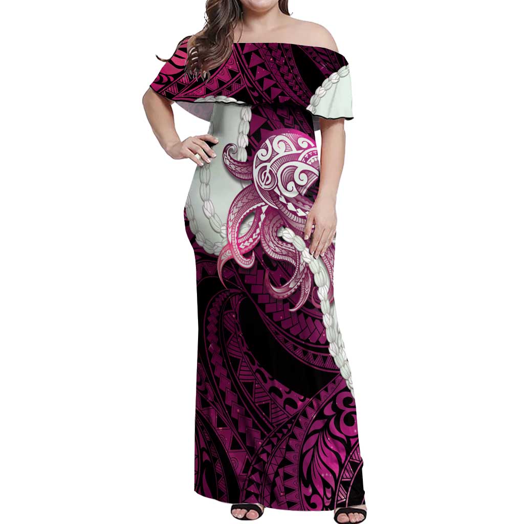Pink Galaxy Polynesia Tribal Octopus Tattoo Off Shoulder Maxi Dress Pikake Lei Polynesian Pattern LT14 Women Pink - Polynesian Pride
