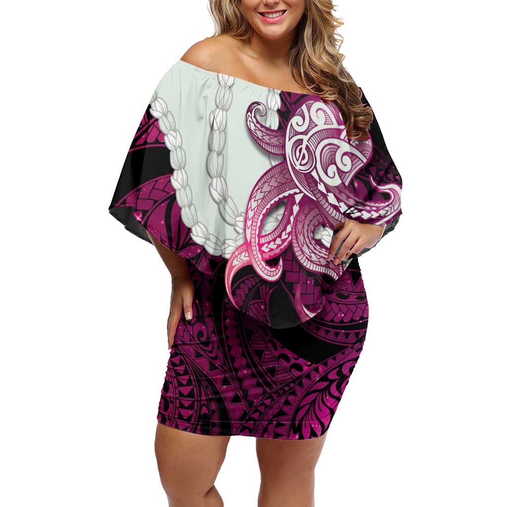 Pink Galaxy Polynesia Tribal Octopus Tattoo Off Shoulder Short Dress Pikake Lei Polynesian Pattern LT14 Women Pink - Polynesian Pride