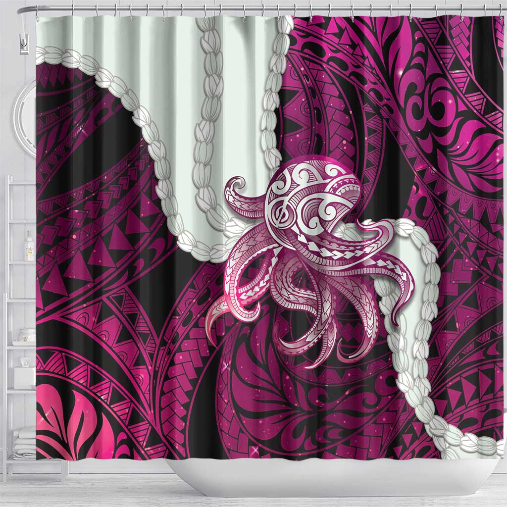 Pink Galaxy Polynesia Tribal Octopus Tattoo Shower Curtain Pikake Lei Polynesian Pattern