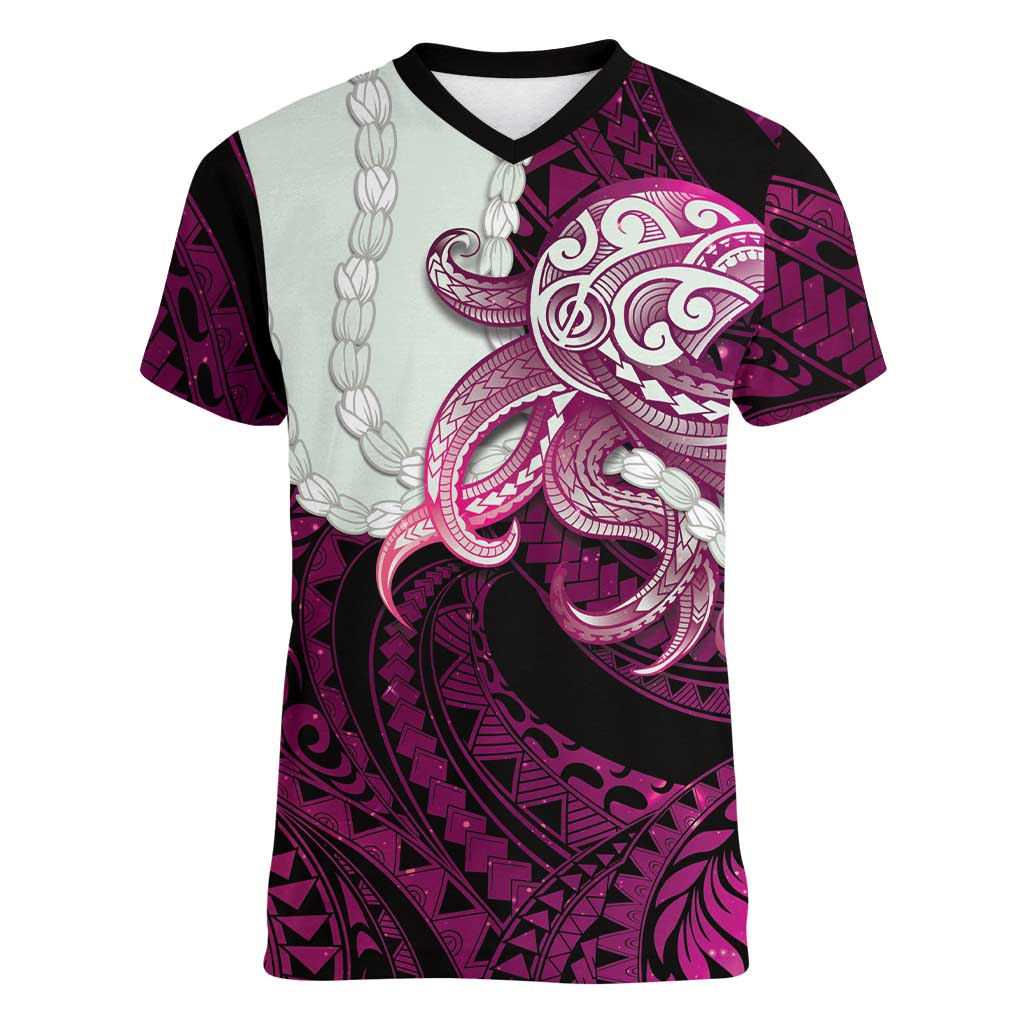 Pink Galaxy Polynesia Tribal Octopus Tattoo Women V-Neck T-Shirt Pikake Lei Polynesian Pattern LT14 Female Pink - Polynesian Pride