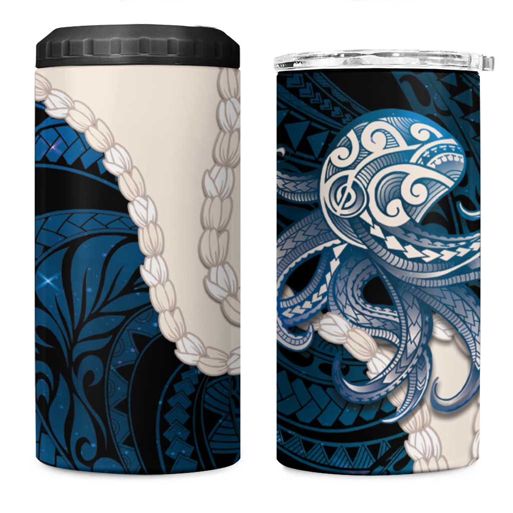 Blue Galaxy Polynesia Tribal Octopus Tattoo 4 in 1 Can Cooler Tumbler Pikake Lei Polynesian Pattern
