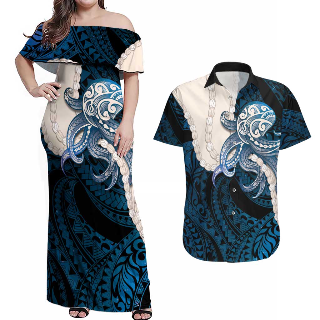 Blue Galaxy Polynesia Tribal Octopus Tattoo Couples Matching Off Shoulder Maxi Dress and Hawaiian Shirt Pikake Lei Polynesian Pattern LT14 Blue - Polynesian Pride