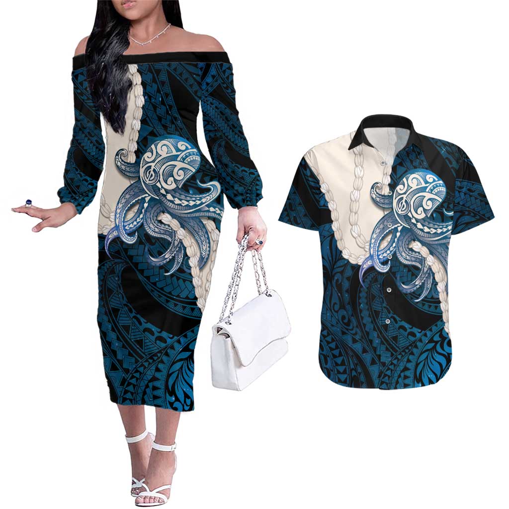 Blue Galaxy Polynesia Tribal Octopus Tattoo Couples Matching Off The Shoulder Long Sleeve Dress and Hawaiian Shirt Pikake Lei Polynesian Pattern LT14 Blue - Polynesian Pride