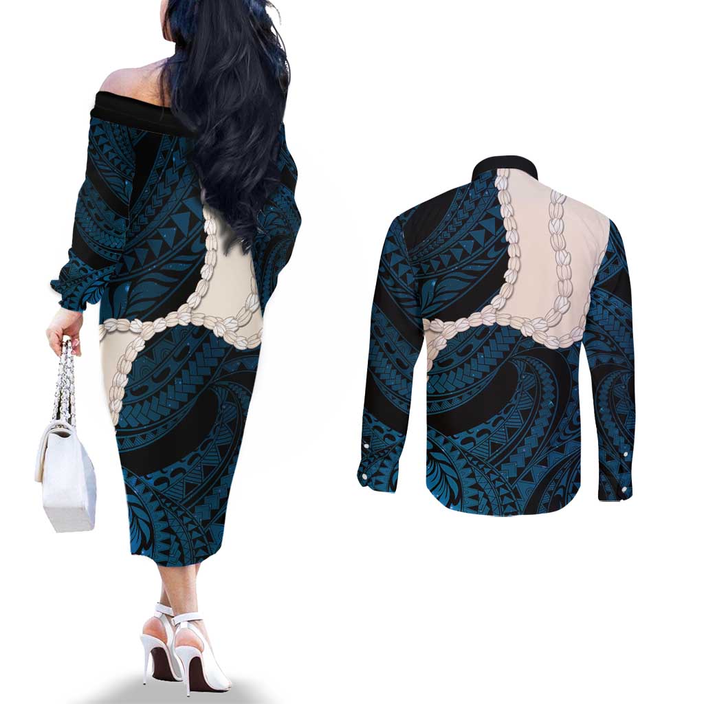 Blue Galaxy Polynesia Tribal Octopus Tattoo Couples Matching Off The Shoulder Long Sleeve Dress and Long Sleeve Button Shirt Pikake Lei Polynesian Pattern LT14 - Polynesian Pride