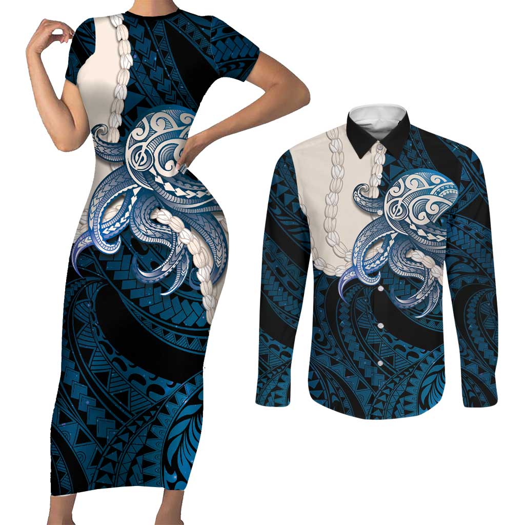 Blue Galaxy Polynesia Tribal Octopus Tattoo Couples Matching Short Sleeve Bodycon Dress and Long Sleeve Button Shirt Pikake Lei Polynesian Pattern LT14 Blue - Polynesian Pride