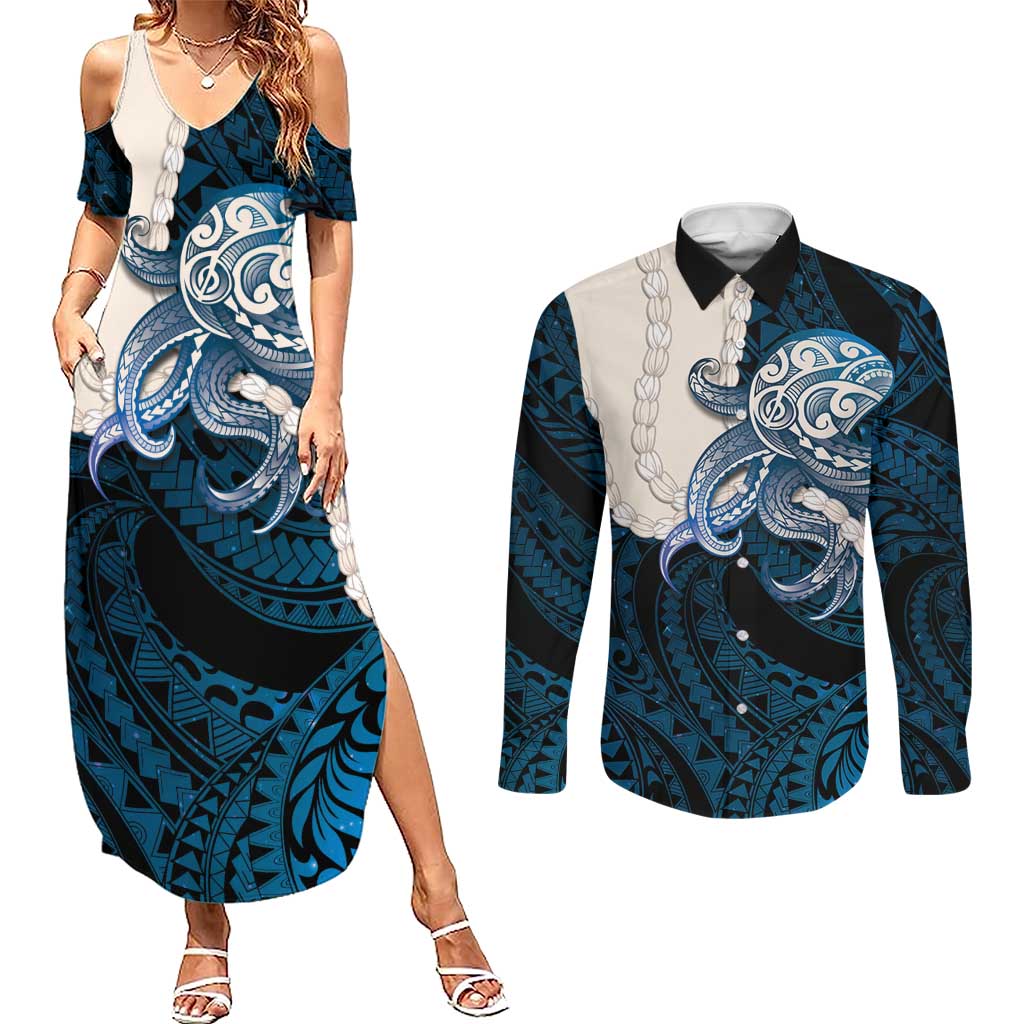 Blue Galaxy Polynesia Tribal Octopus Tattoo Couples Matching Summer Maxi Dress and Long Sleeve Button Shirt Pikake Lei Polynesian Pattern LT14 Blue - Polynesian Pride