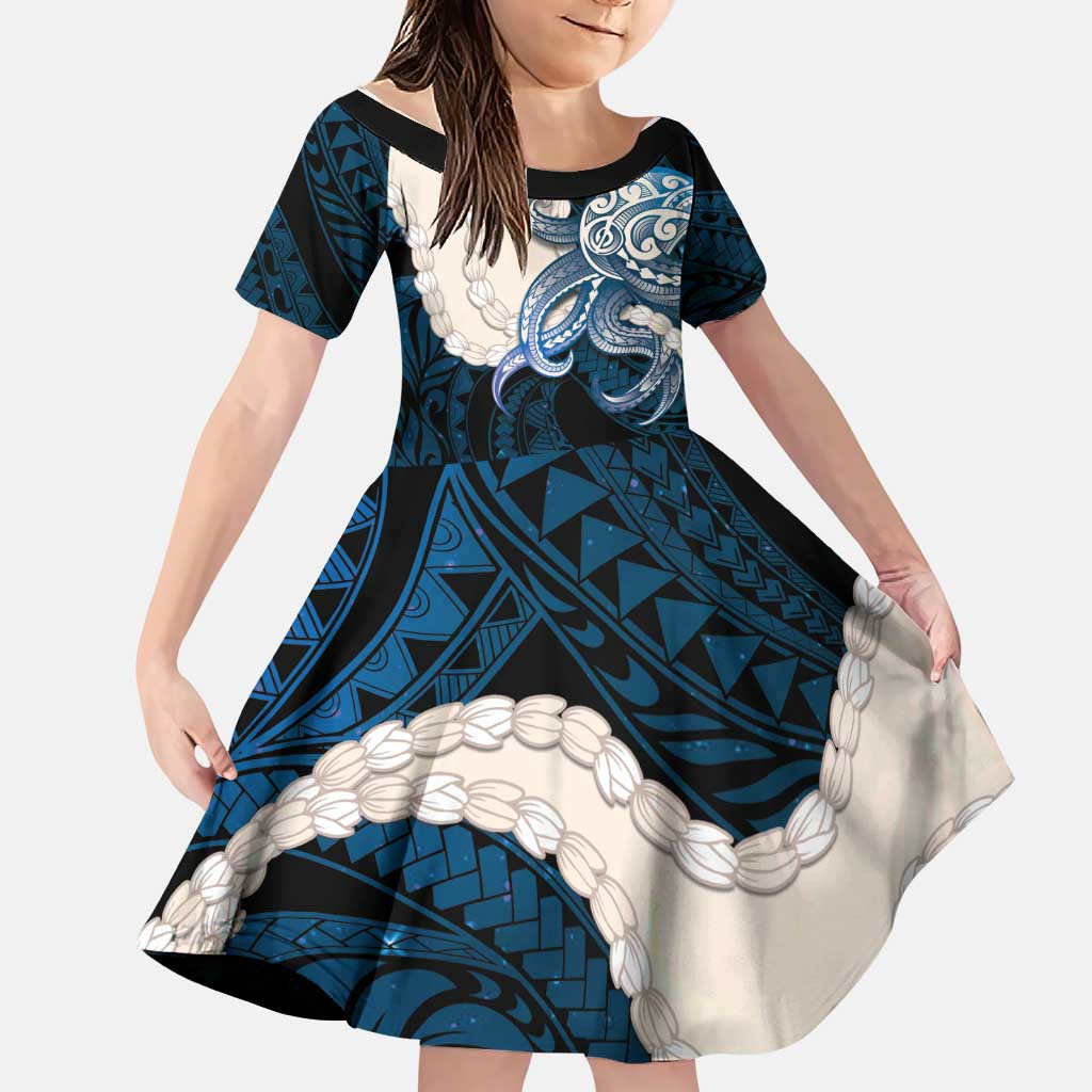 Blue Galaxy Polynesia Tribal Octopus Tattoo Family Matching Off Shoulder Short Dress and Hawaiian Shirt Pikake Lei Polynesian Pattern LT14 Daughter's Dress Blue - Polynesian Pride
