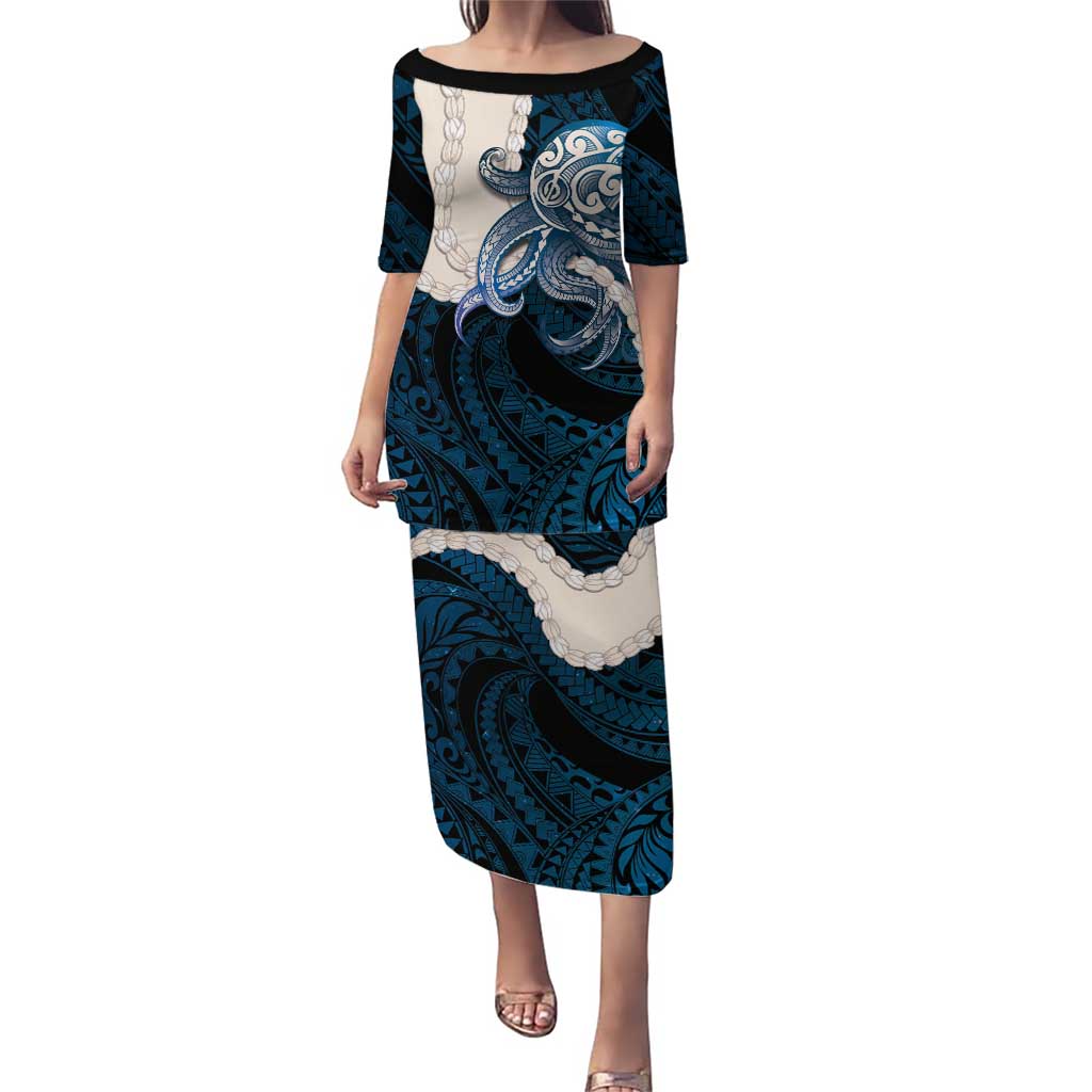 Blue Galaxy Polynesia Tribal Octopus Tattoo Family Matching Puletasi and Hawaiian Shirt Pikake Lei Polynesian Pattern LT14 Mom's Dress Blue - Polynesian Pride