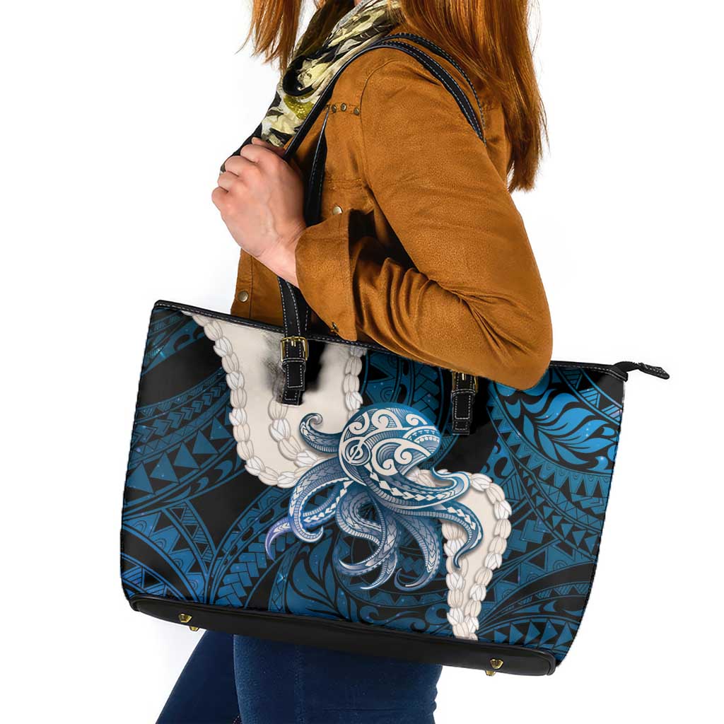 Blue Galaxy Polynesia Tribal Octopus Tattoo Leather Tote Bag Pikake Lei Polynesian Pattern