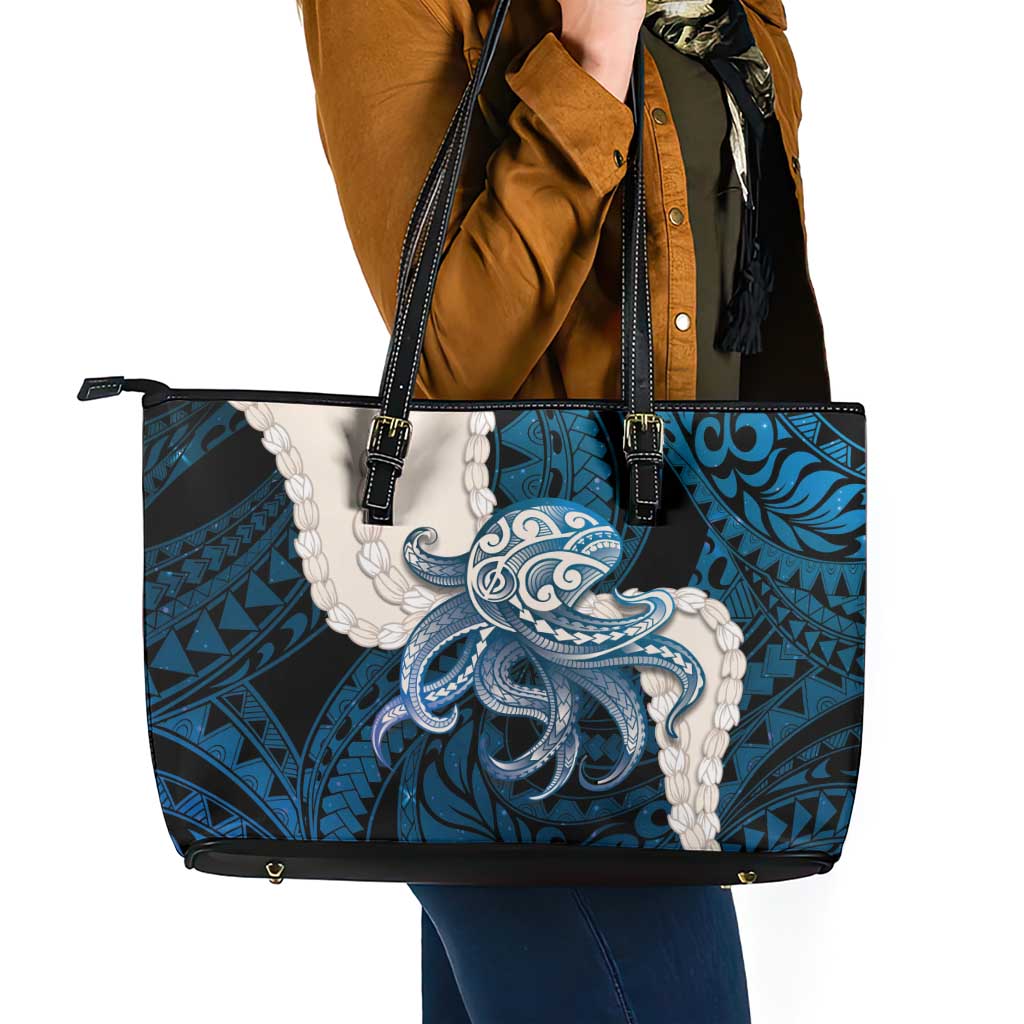 Blue Galaxy Polynesia Tribal Octopus Tattoo Leather Tote Bag Pikake Lei Polynesian Pattern