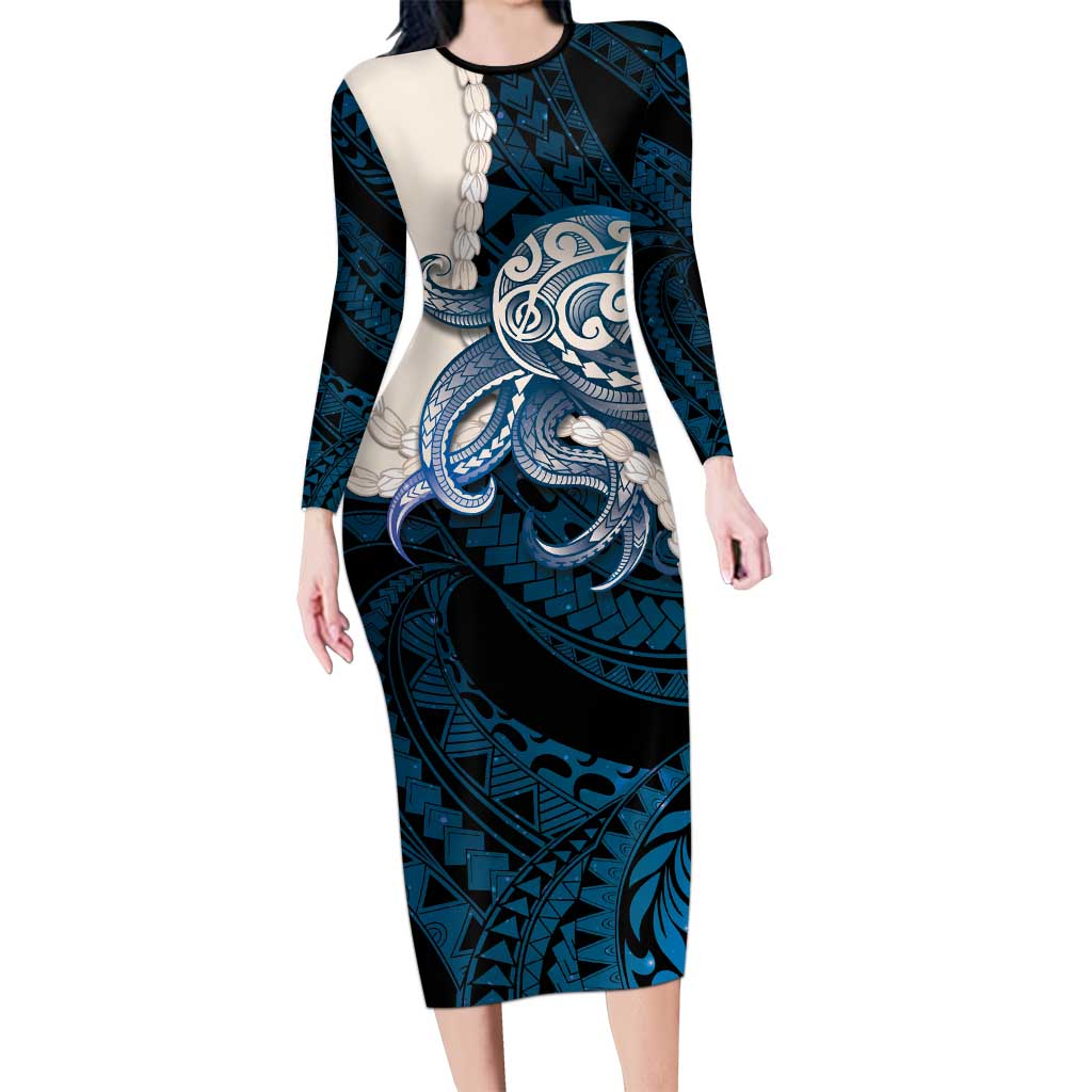 Blue Galaxy Polynesia Tribal Octopus Tattoo Long Sleeve Bodycon Dress Pikake Lei Polynesian Pattern LT14 Long Dress Blue - Polynesian Pride