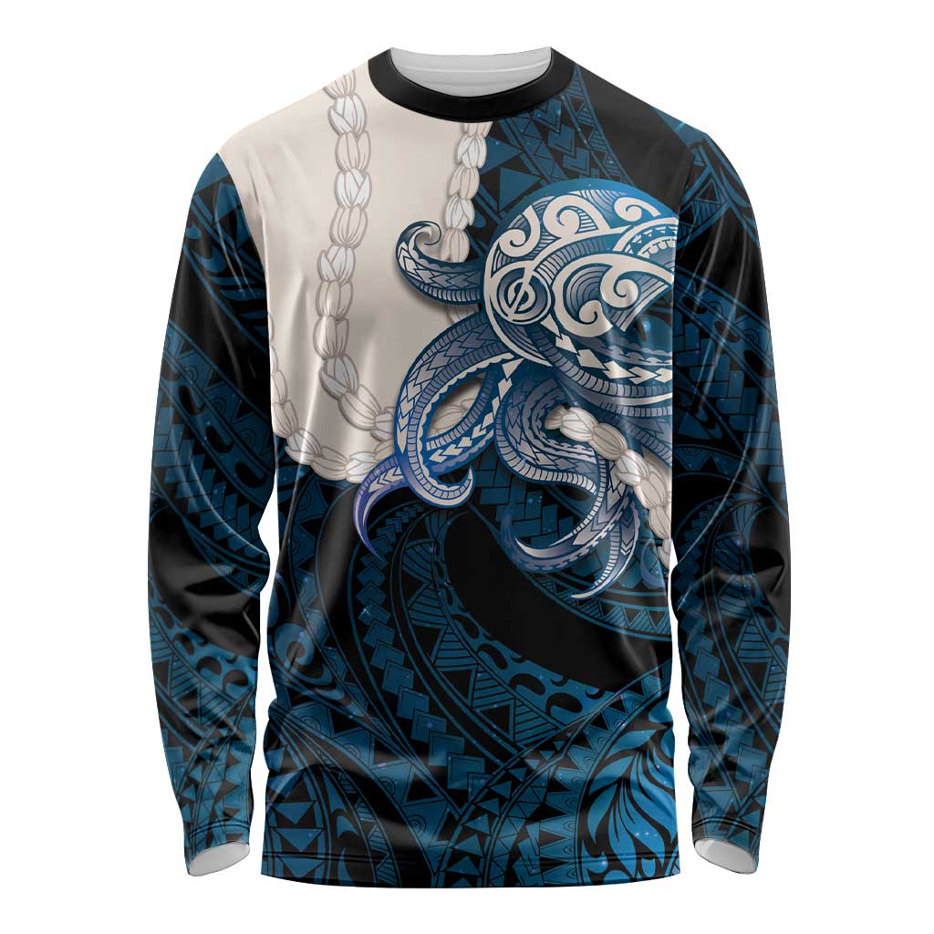 Blue Galaxy Polynesia Tribal Octopus Tattoo Long Sleeve Shirt Pikake Lei Polynesian Pattern LT14 Unisex Blue - Polynesian Pride