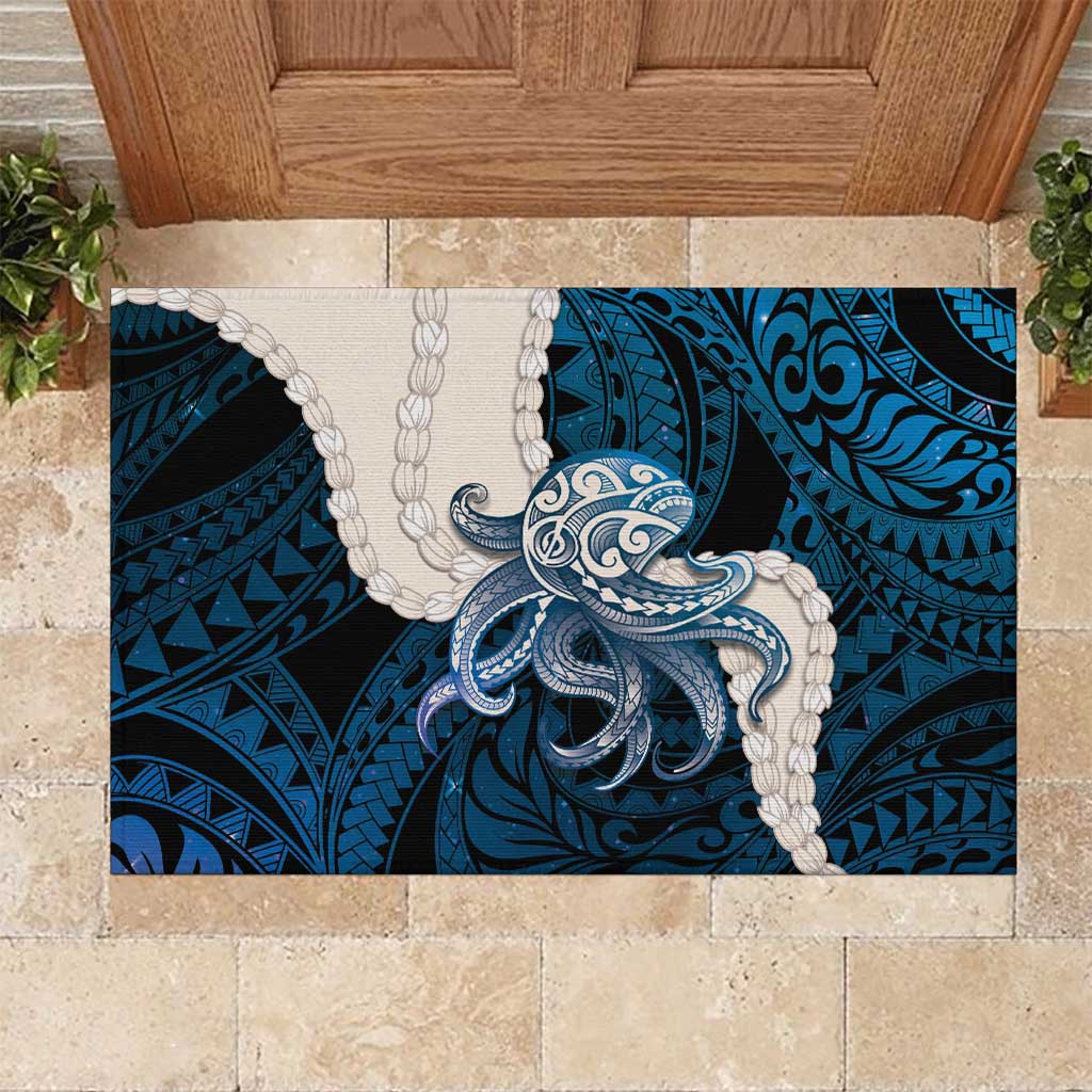 Blue Galaxy Polynesia Tribal Octopus Tattoo Rubber Doormat Pikake Lei Polynesian Pattern