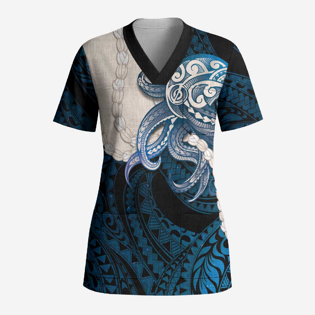 Blue Galaxy Polynesia Tribal Octopus Tattoo Scrub Top Pikake Lei Polynesian Pattern LT14 Adult Blue - Polynesian Pride