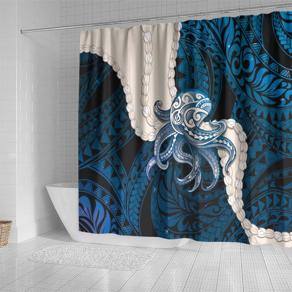 Blue Galaxy Polynesia Tribal Octopus Tattoo Shower Curtain Pikake Lei Polynesian Pattern