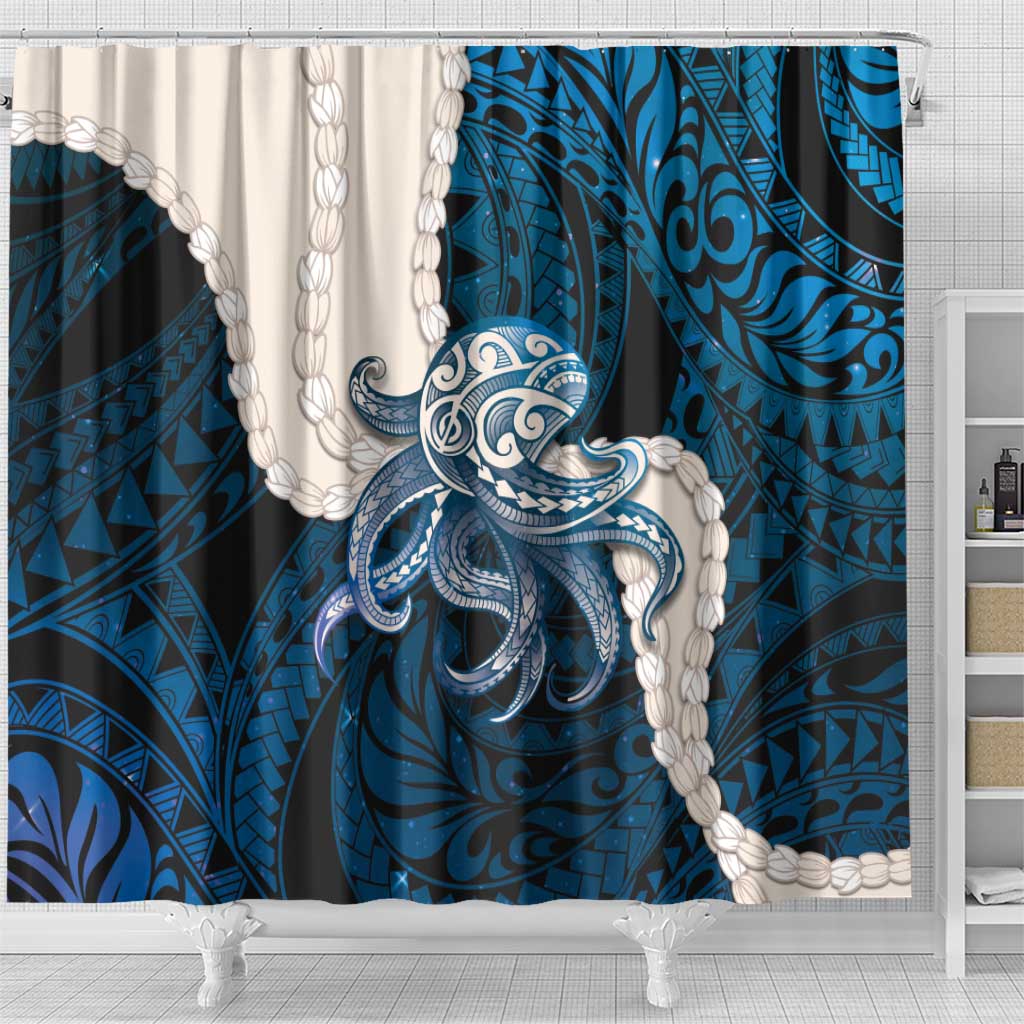 Blue Galaxy Polynesia Tribal Octopus Tattoo Shower Curtain Pikake Lei Polynesian Pattern