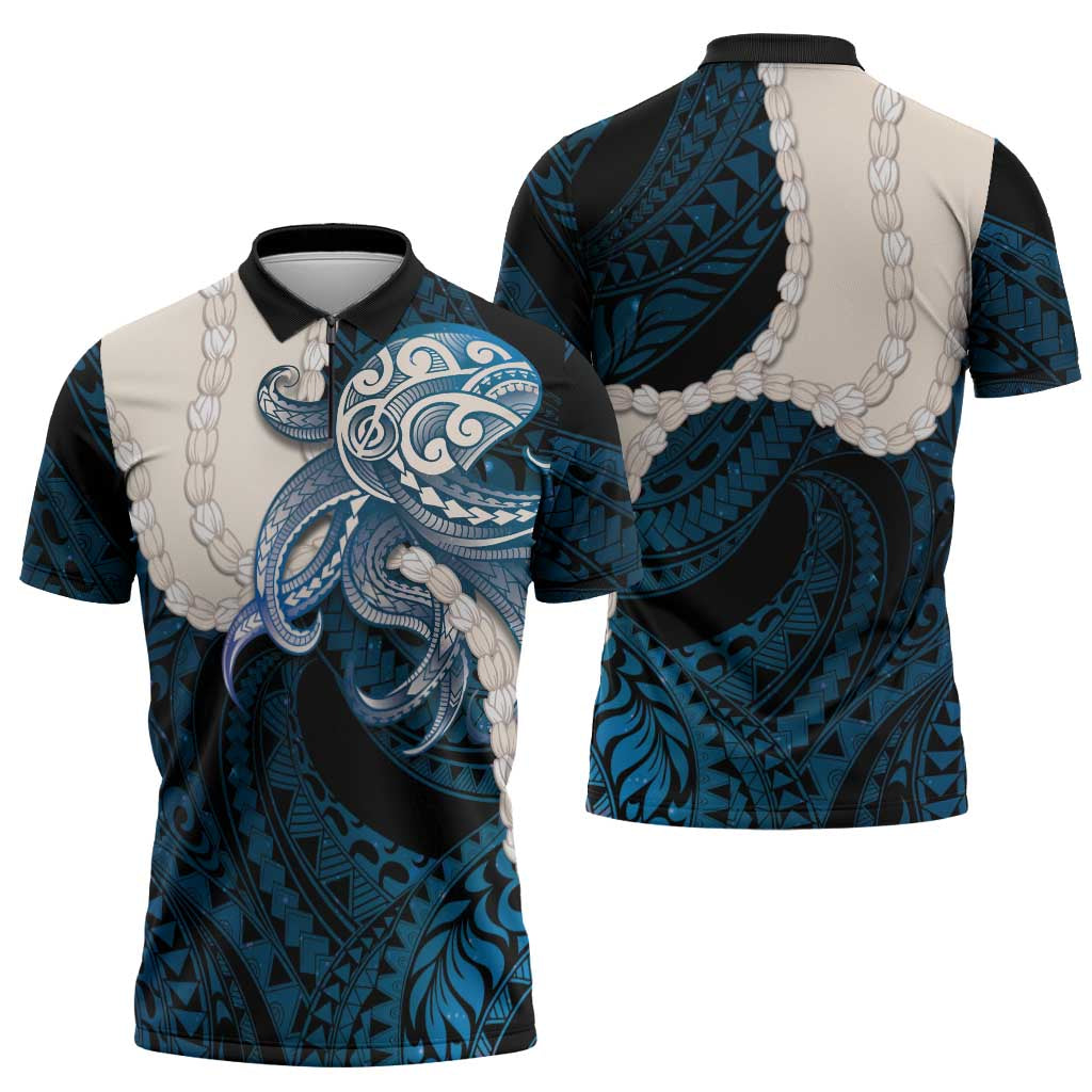 Blue Galaxy Polynesia Tribal Octopus Tattoo Zipper Polo Shirt Pikake Lei Polynesian Pattern LT14 - Polynesian Pride