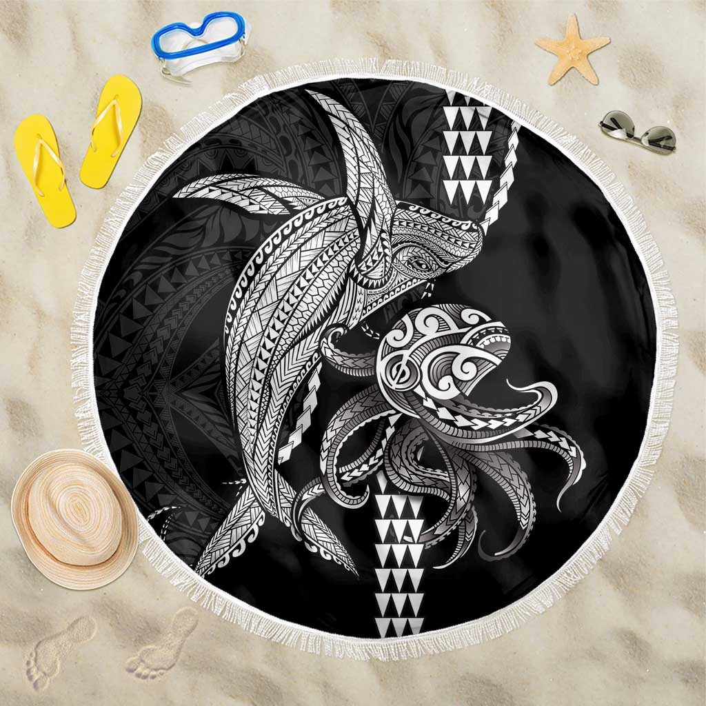 Kanaloa Aloha Hawaii Beach Blanket Humpback Whale Octopus Tattoo Kakau Pattern LT14 One Size 150cm Black - Polynesian Pride