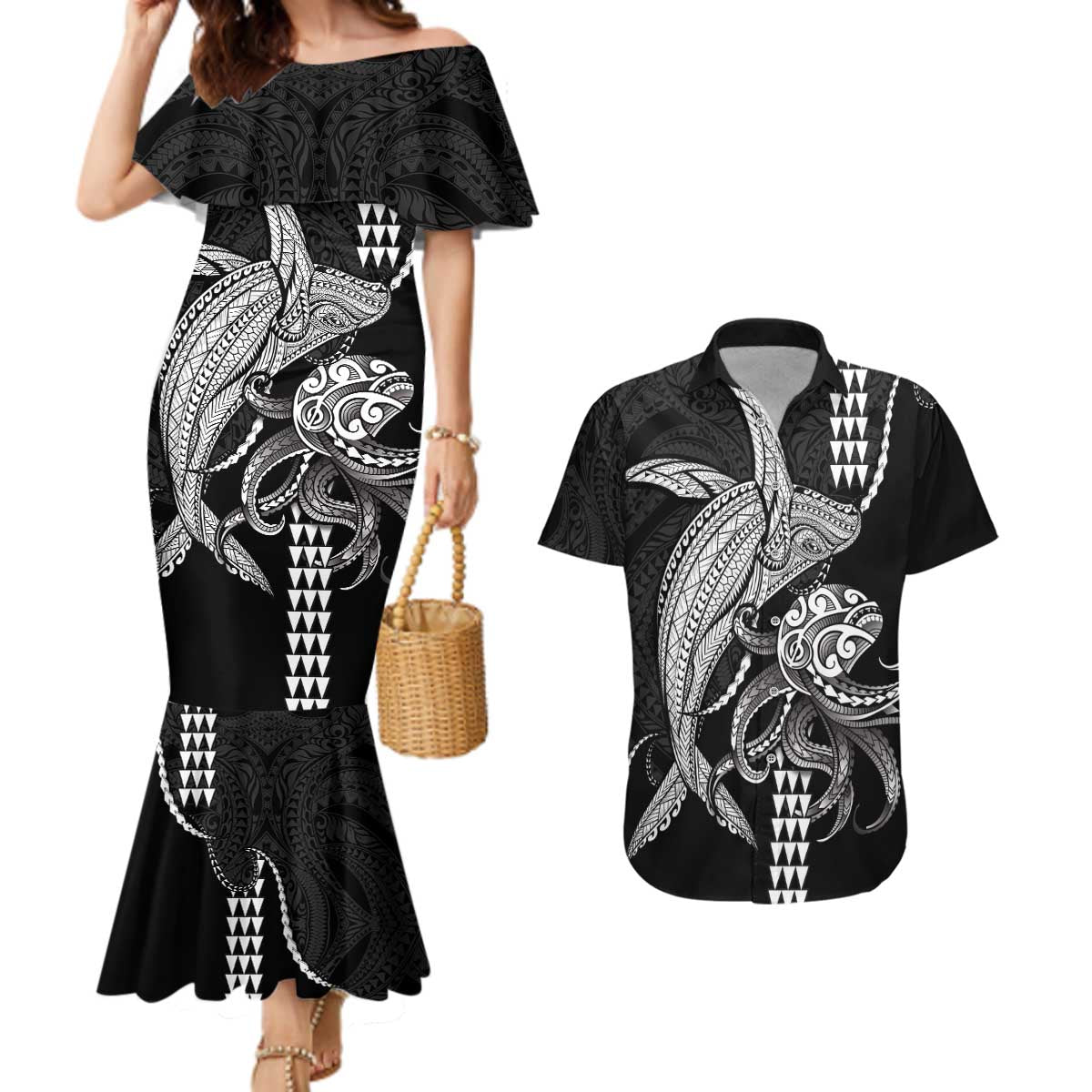 Kanaloa Aloha Hawaii Couples Matching Mermaid Dress and Hawaiian Shirt Humpback Whale Octopus Tattoo Kakau Pattern LT14 Black - Polynesian Pride