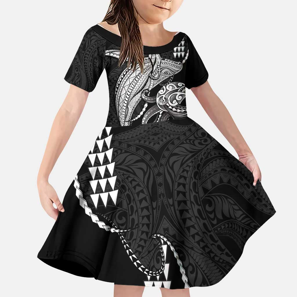 Kanaloa Aloha Hawaii Family Matching Long Sleeve Bodycon Dress and Hawaiian Shirt Humpback Whale Octopus Tattoo Kakau Pattern LT14 Daughter's Dress Black - Polynesian Pride