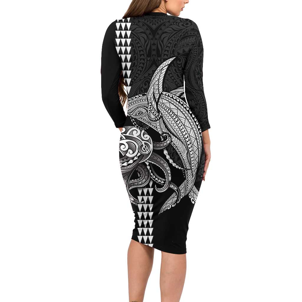 Kanaloa Aloha Hawaii Family Matching Long Sleeve Bodycon Dress and Hawaiian Shirt Humpback Whale Octopus Tattoo Kakau Pattern LT14 - Polynesian Pride