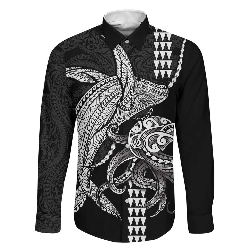 Kanaloa Aloha Hawaii Family Matching Off Shoulder Maxi Dress and Hawaiian Shirt Humpback Whale Octopus Tattoo Kakau Pattern LT14 Dad's Shirt - Long Sleeve Black - Polynesian Pride