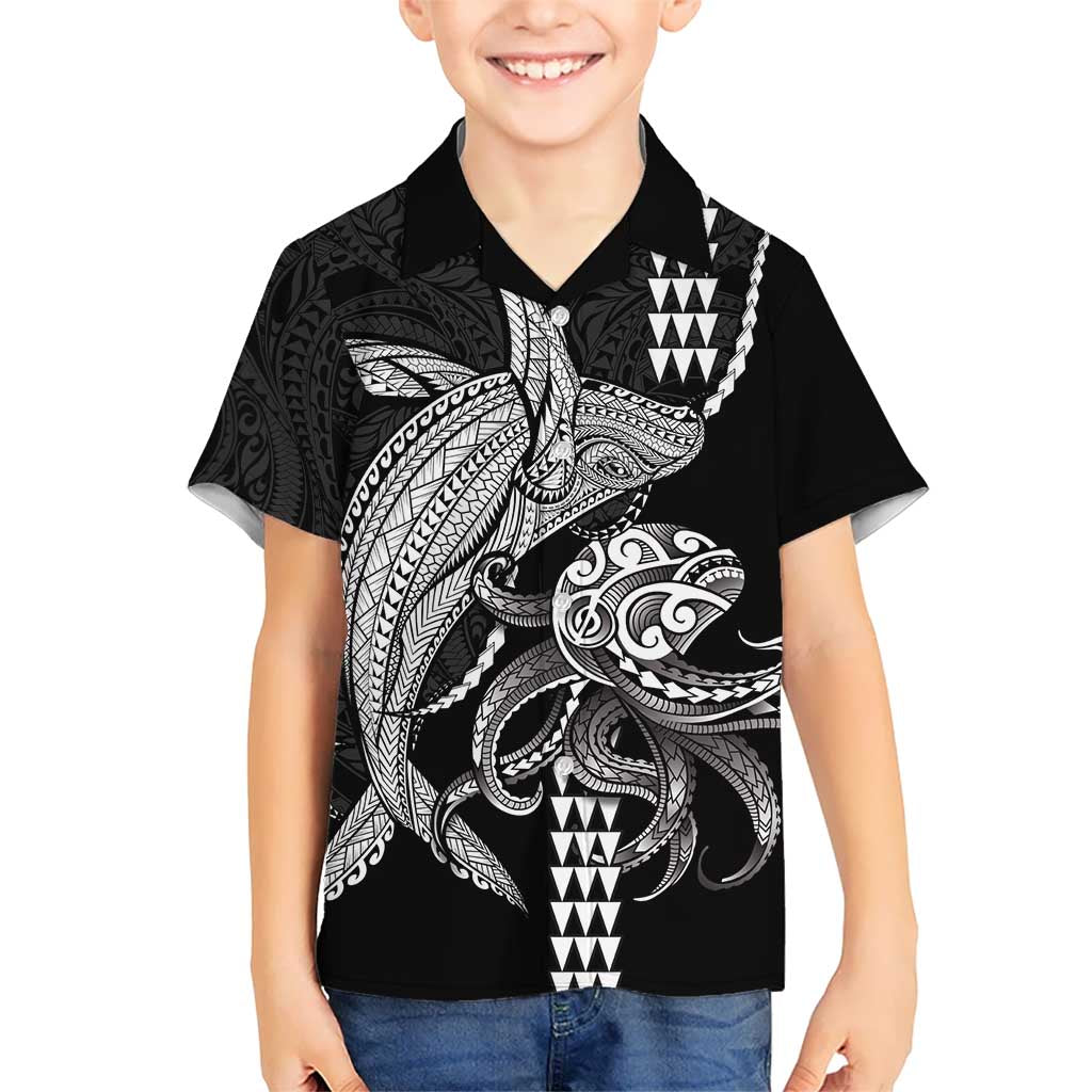 Kanaloa Aloha Hawaii Family Matching Off Shoulder Maxi Dress and Hawaiian Shirt Humpback Whale Octopus Tattoo Kakau Pattern LT14 Son's Shirt Black - Polynesian Pride