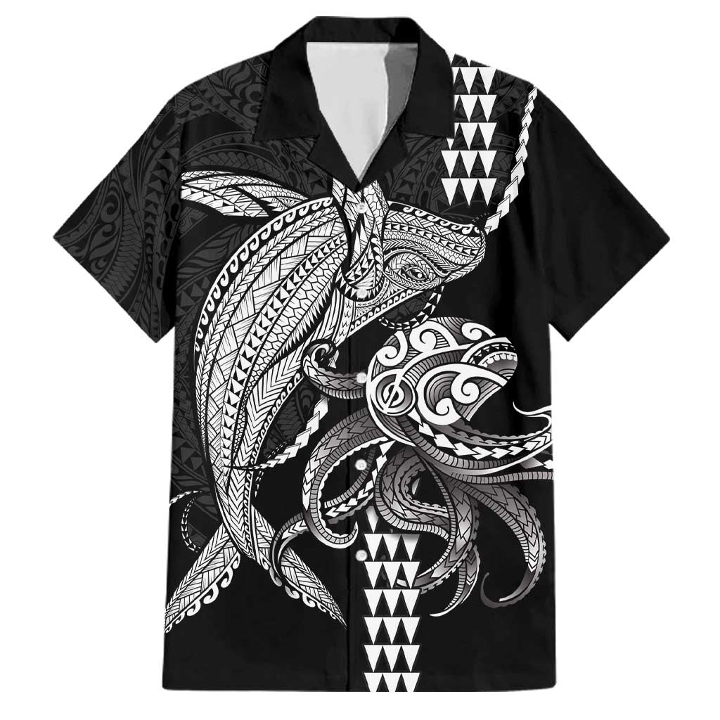 Kanaloa Aloha Hawaii Family Matching Puletasi and Hawaiian Shirt Humpback Whale Octopus Tattoo Kakau Pattern LT14 Dad's Shirt - Short Sleeve Black - Polynesian Pride