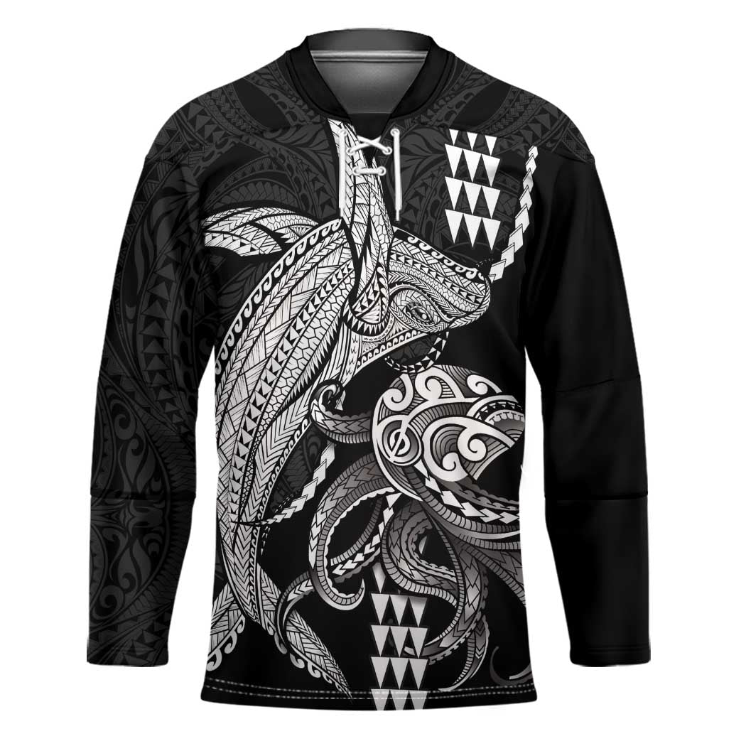 Kanaloa Aloha Hawaii Hockey Jersey Humpback Whale Octopus Tattoo Kakau Pattern LT14 Unisex Black - Polynesian Pride