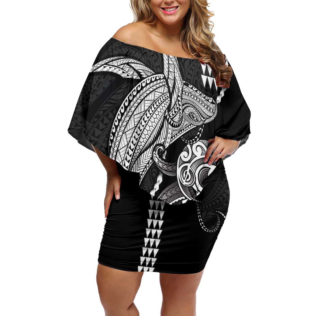 Kanaloa Aloha Hawaii Off Shoulder Short Dress Humpback Whale Octopus Tattoo Kakau Pattern LT14 Women Black - Polynesian Pride