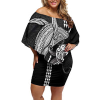 Kanaloa Aloha Hawaii Off Shoulder Short Dress Humpback Whale Octopus Tattoo Kakau Pattern LT14 Women Black - Polynesian Pride
