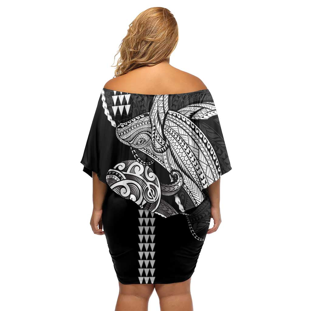 Kanaloa Aloha Hawaii Off Shoulder Short Dress Humpback Whale Octopus Tattoo Kakau Pattern LT14 - Polynesian Pride
