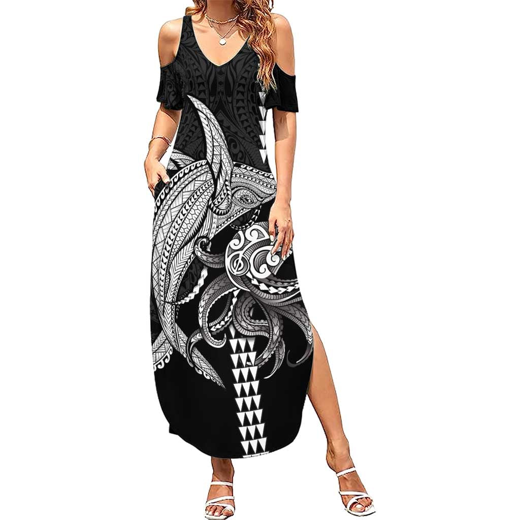 Kanaloa Aloha Hawaii Summer Maxi Dress Humpback Whale Octopus Tattoo Kakau Pattern LT14 Women Black - Polynesian Pride