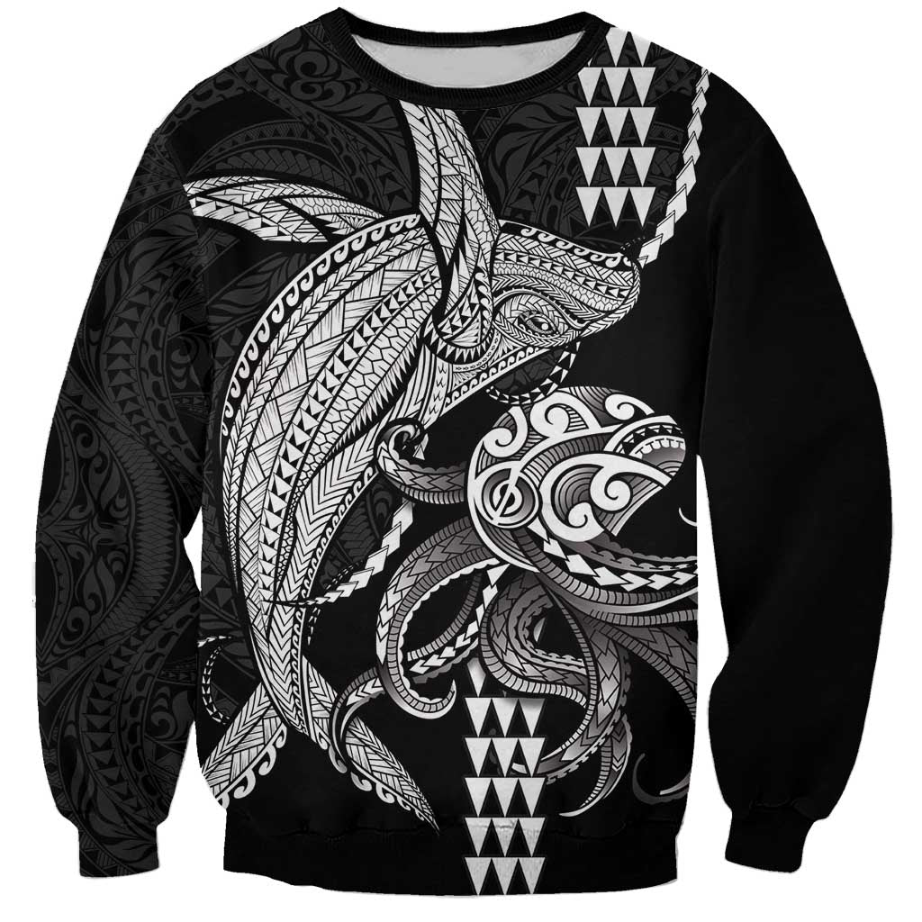 Kanaloa Aloha Hawaii Sweatshirt Humpback Whale Octopus Tattoo Kakau Pattern LT14 Unisex Black - Polynesian Pride