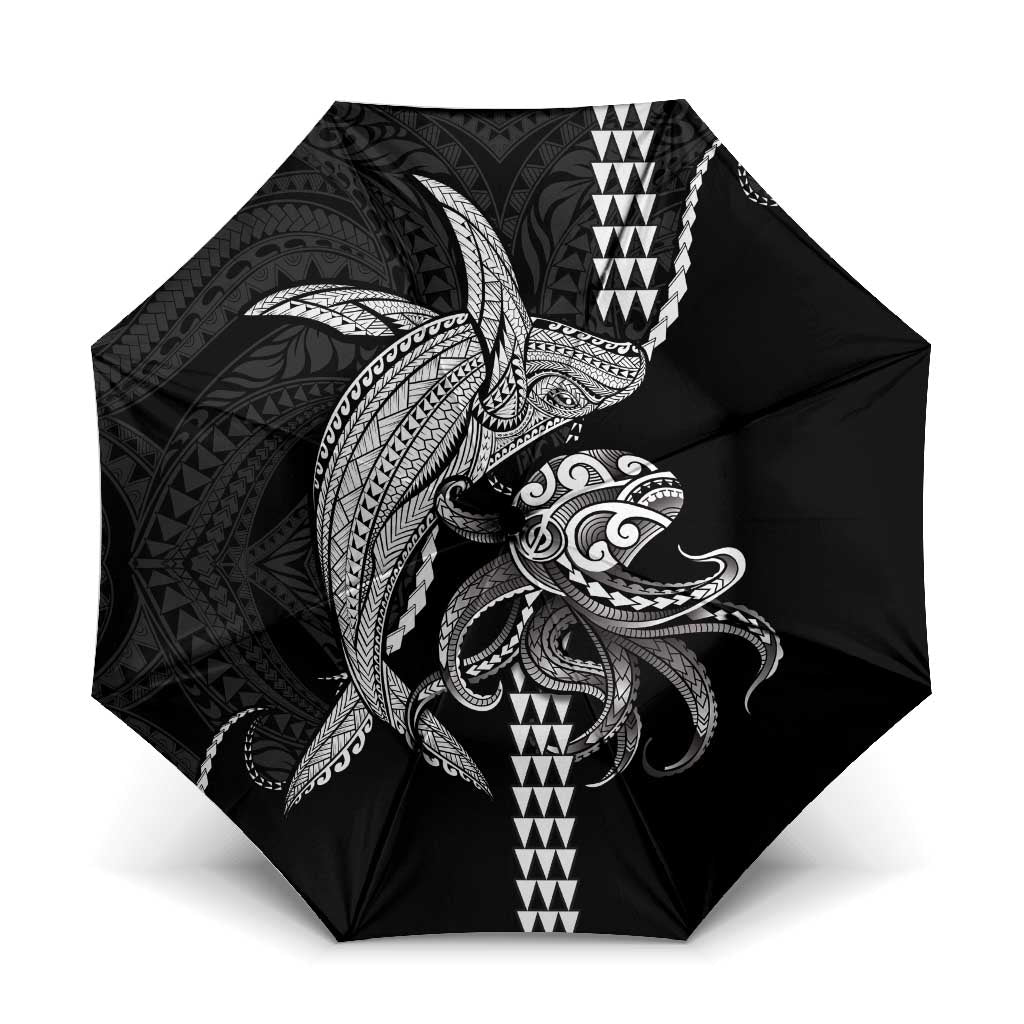Kanaloa Aloha Hawaii Umbrella Humpback Whale Octopus Tattoo Kakau Pattern LT14 One Size Folded 11.42 inch Opened Diameter 37.4 inch Black - Polynesian Pride